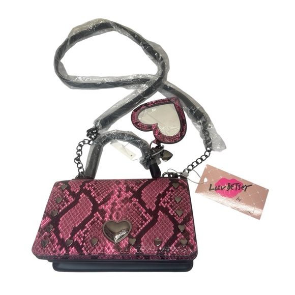 Betsey Johnson Handbags - Betsey Johnson LUV Betsey LBEVIE Pink Black Heart Shaped Snake Print Studded Bag